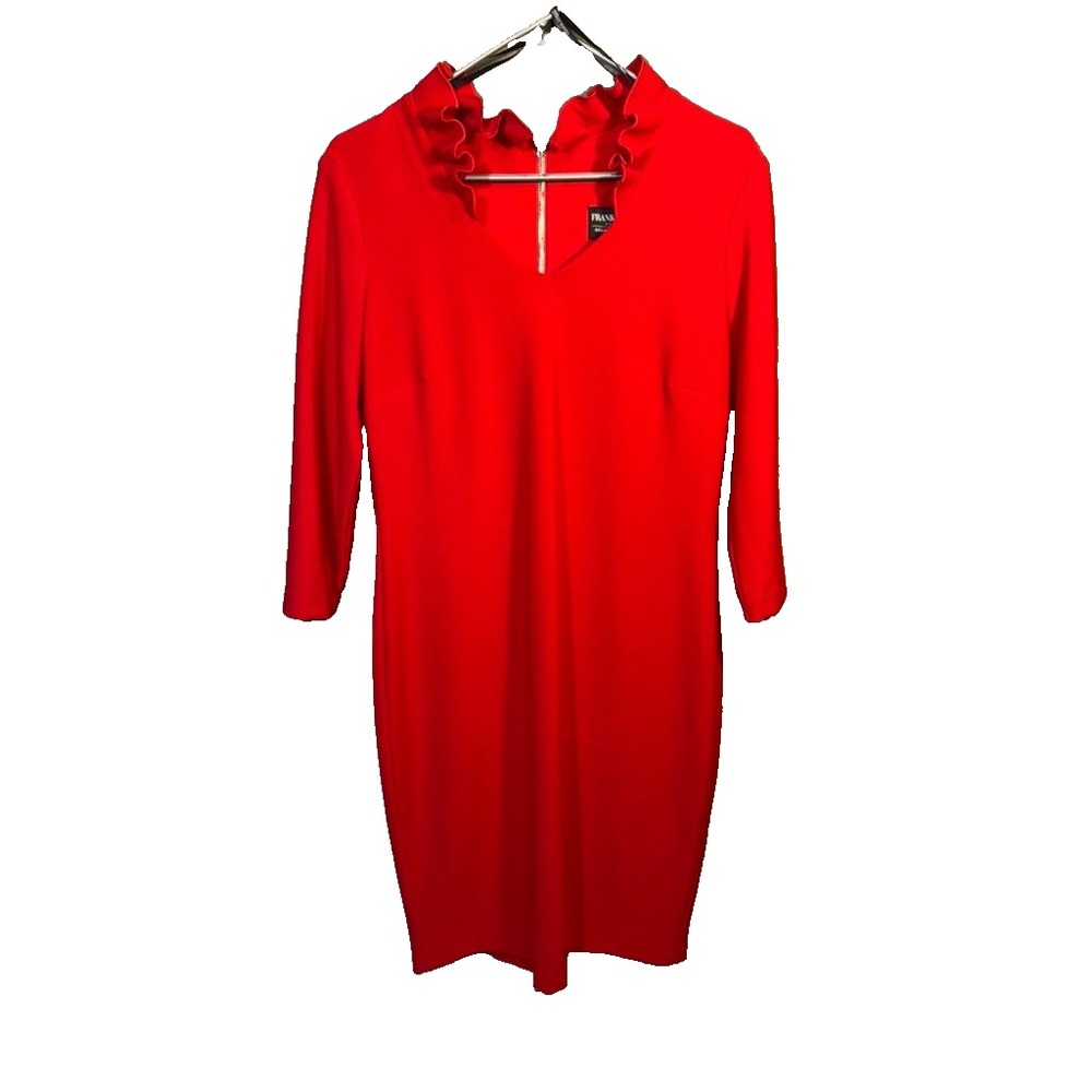 Frank Lyman Red Knit Dress 3/4 Sleeves sz 12 valentines ruffle neck back zipper